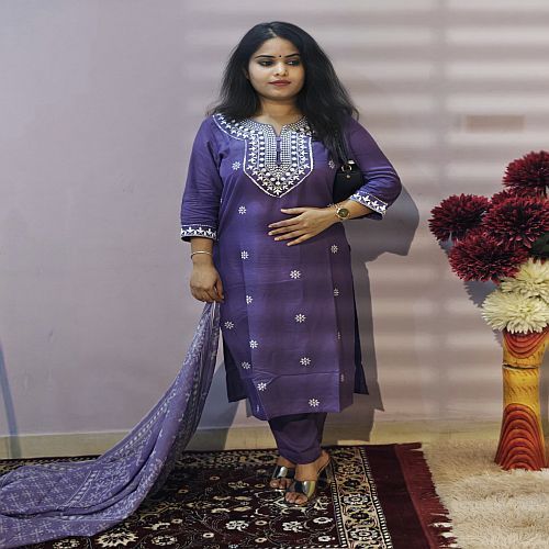 Ladies Purple Rayon Kurti Pant Set