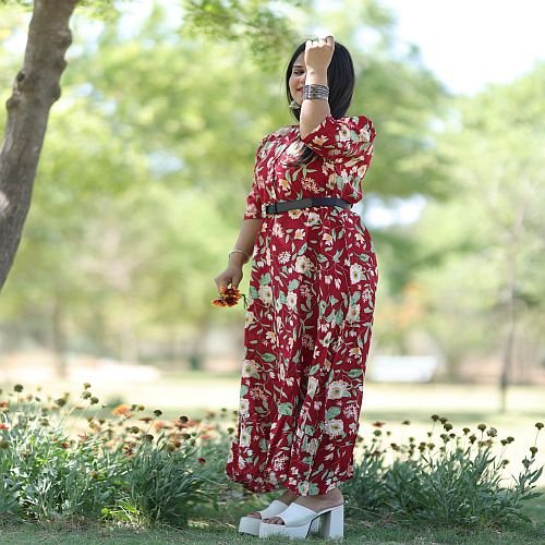 Ladies Red Rayon Printed Long Kurti