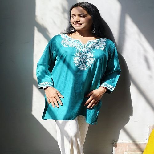 Ladies Sky Blue Embroidered Rayon Short Kurti