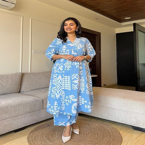 Ladies Sky Blue Rayon Printed Palazzo Suit