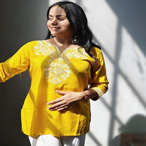 Ladies Yellow Embroidered Rayon Short Kurti