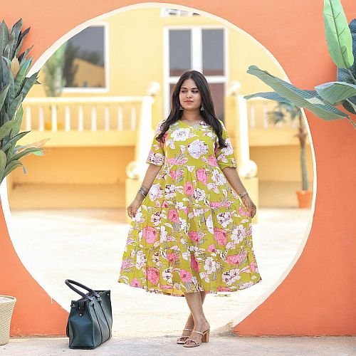 Ladies Yellow Printed Long Rayon Kurti