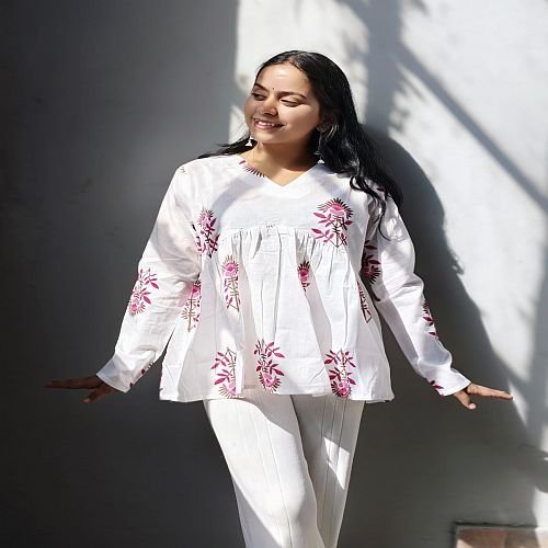 White Cotton Printed Short Kurti