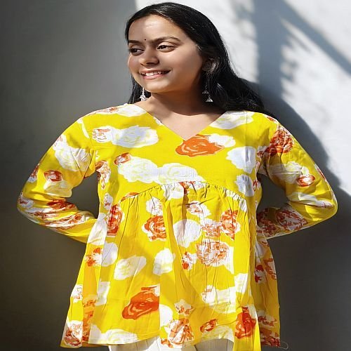 Yellow Cotton Printed Short Kurti