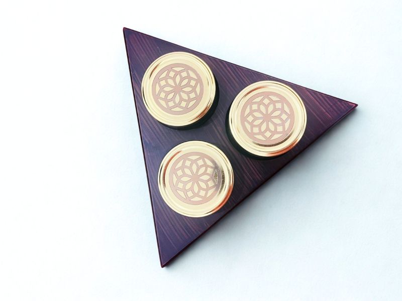 Rotational Triangle Wooden Gift Box with 3 Laser Cut Design Salsa Jars