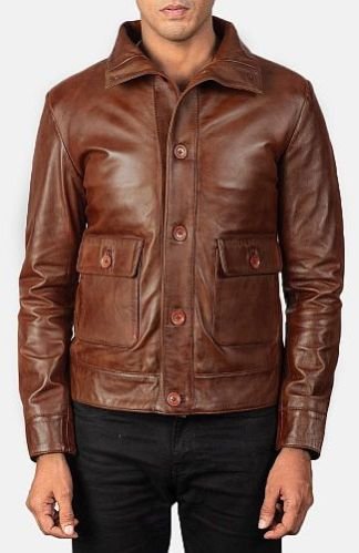 Button Style Mens Brown Leather Jacket