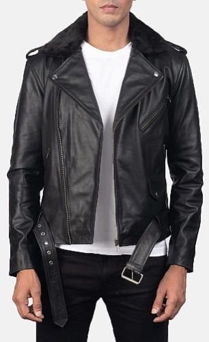 Mens Fur Collar Black Leather Jacket