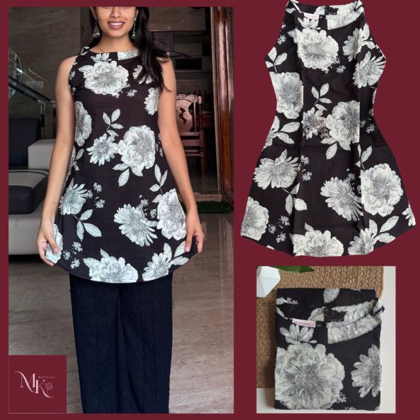 Ladies Black Floral Print Short Kurti