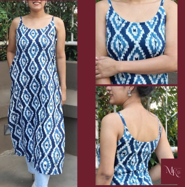 Ladies Blue Print Spagheti Strap Long Kurti