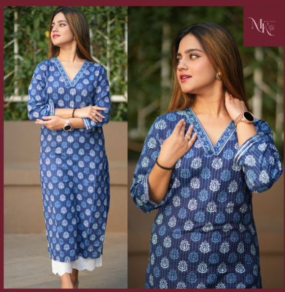 Ladies Blue V Nack Ajrakh Print Full Sleeves Kurti