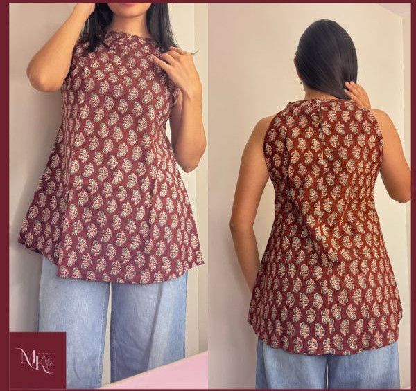 Ladies Brown Color Ajrakh Print Halter Neck Top