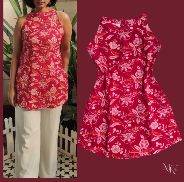 Ladies Floral Printed Sleeveless Short Kurti