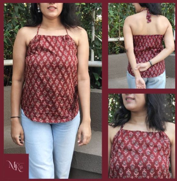 Ladies Halter Neck Ajrakh Print Backless Top