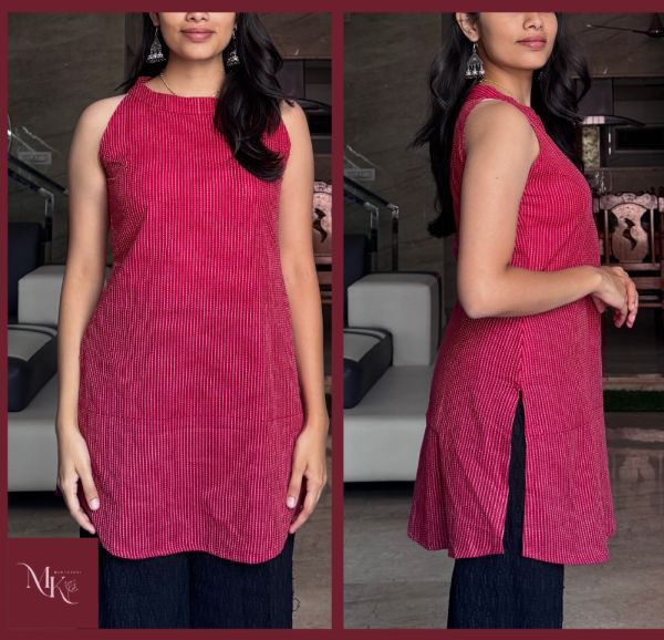 Ladies Pink Kantha Work Sleeveless Short Kurti