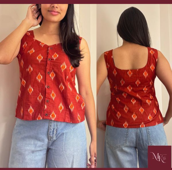 Ladies Red Ikat Print Short Top