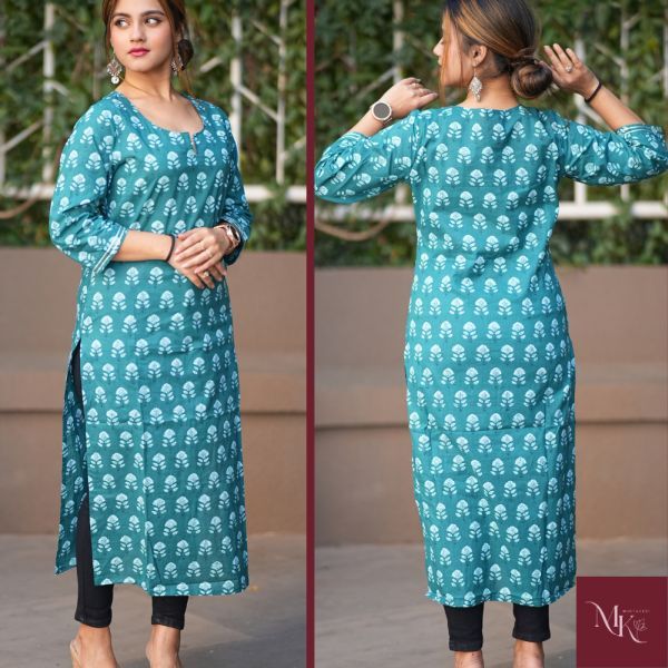 Ladies Sea Green Ajrakh Print Full Sleeves Kurti