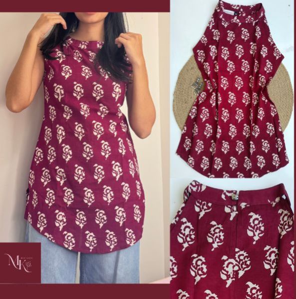 Ladies Wine Blossom Halter Neck Short Kurti