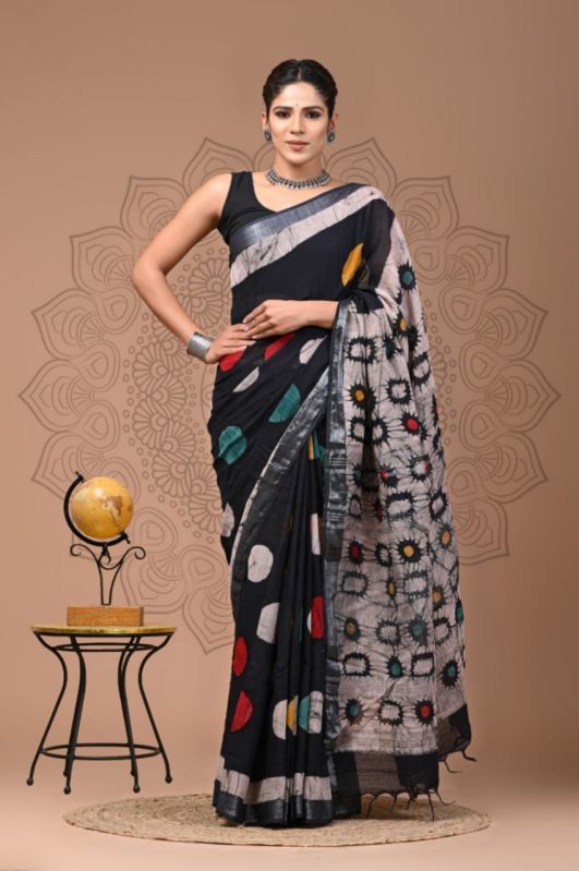 Ladies Printed Linen Saree with Blouse Piece