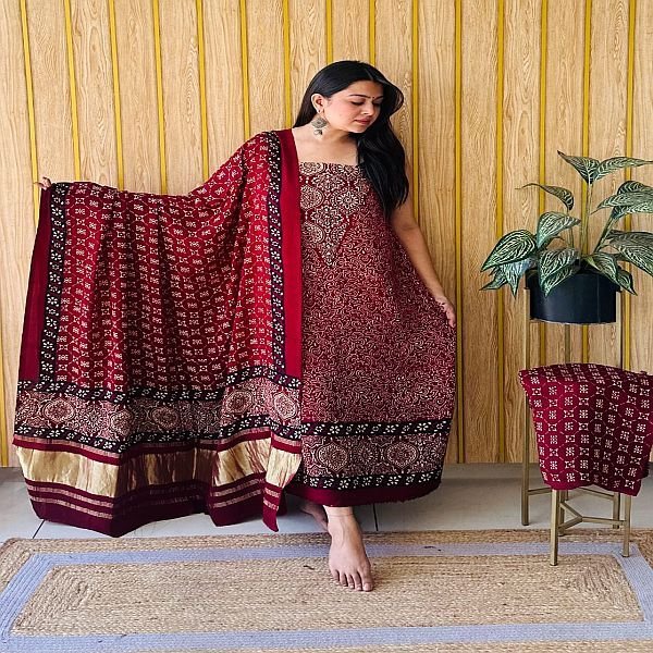 Ajrakh Printed Red Modal Silk Unstitched Dress Material