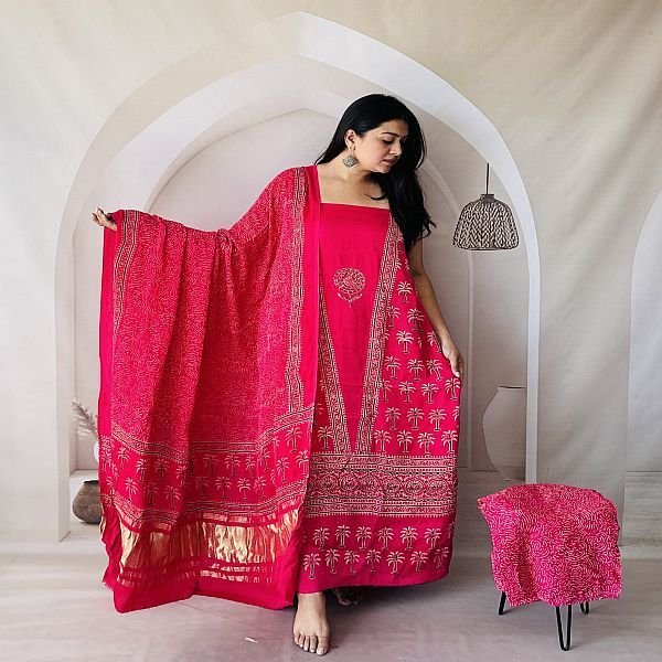 Baby Pink Ajrakh Printed Modal Silk Unstitched Dress Material