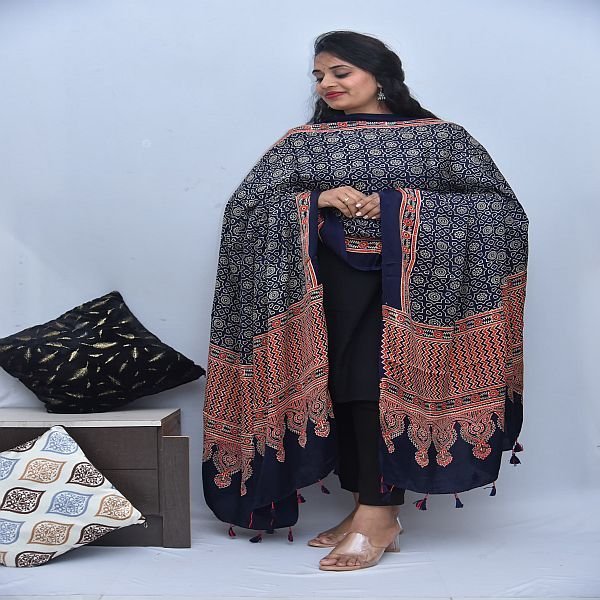 Blue Silk Ajrak Modal Handblock Printed Dupatta