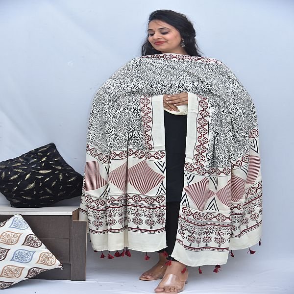 Cream Printed Modal Silk Ajrakh Hand Block Print Dupatta