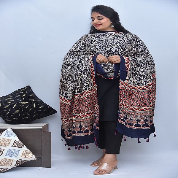 Handblock Modal Silk Ajrakh Blue Printed Dupatta