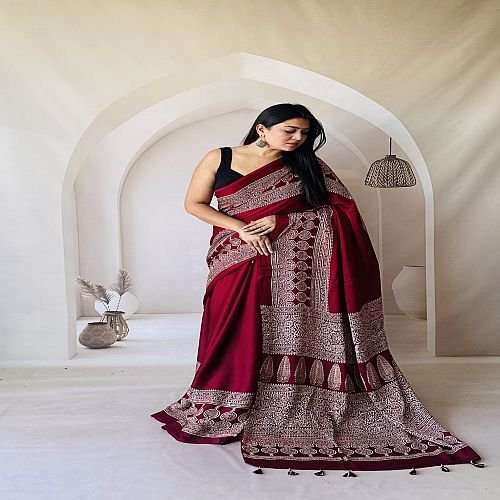 Maroon Hand Block Printed Modal Silk Ajrakh Saree