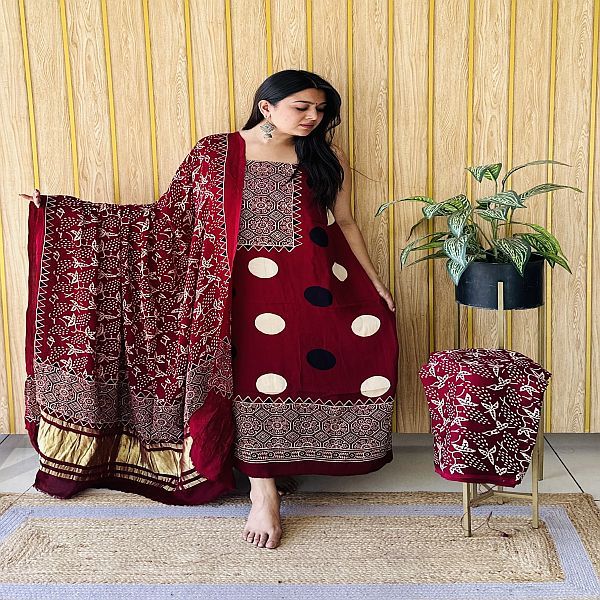 Maroon Unstitched Silk Ajrak Printed Dress Material