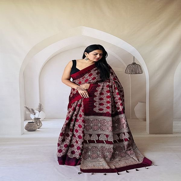 Modal Silk Hand Block Ajrakh Printed Saree