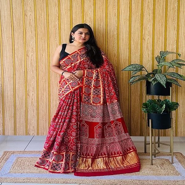 Multicolor Modal Silk Block Print Ajrakh Saree