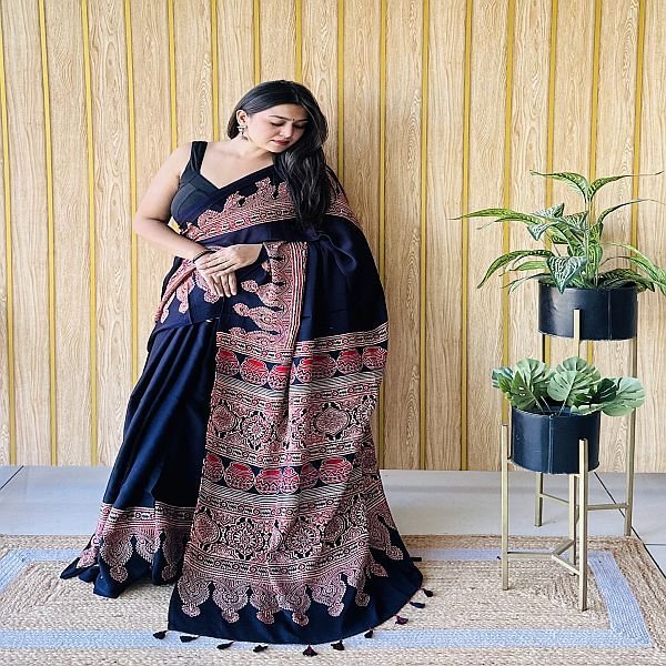 Navy Blue Printed Ajrakh Modal Silk Saree