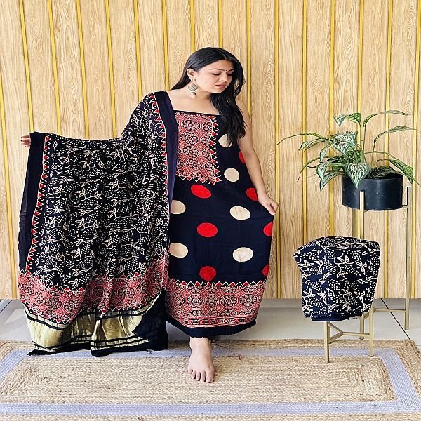 Navy Blue Unstitched Modal Silk Ajrak Printed Dress Material