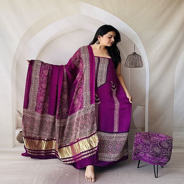 Pink Modal Silk Ajrakh Hand Block Print Dress Material