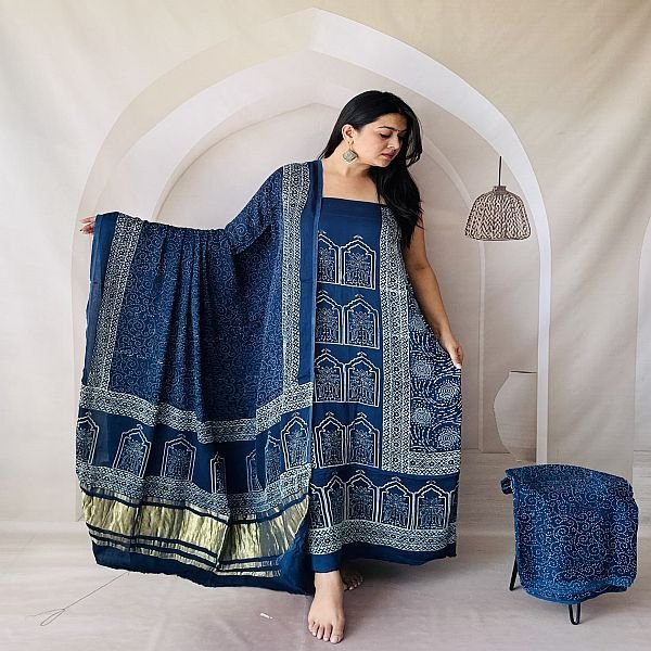 Printed Ajrakh Modal Blue Silk Dress Material