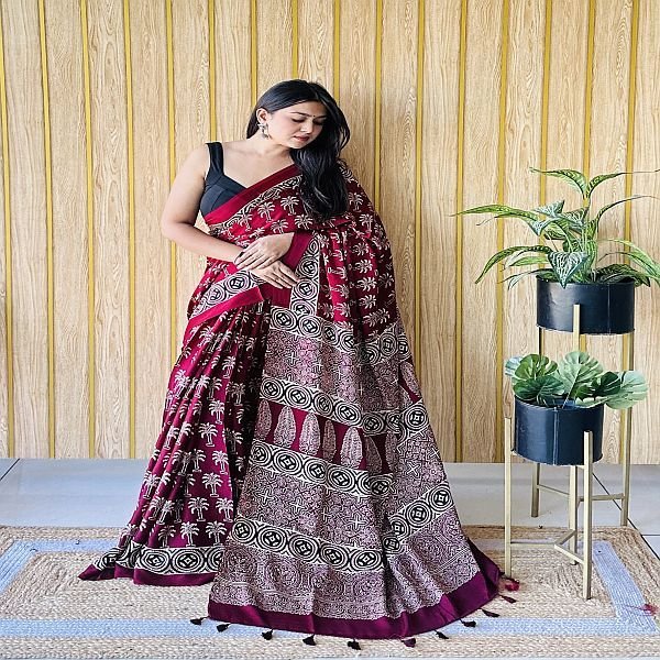 Printed Red Ajrakh Modal Silk Saree