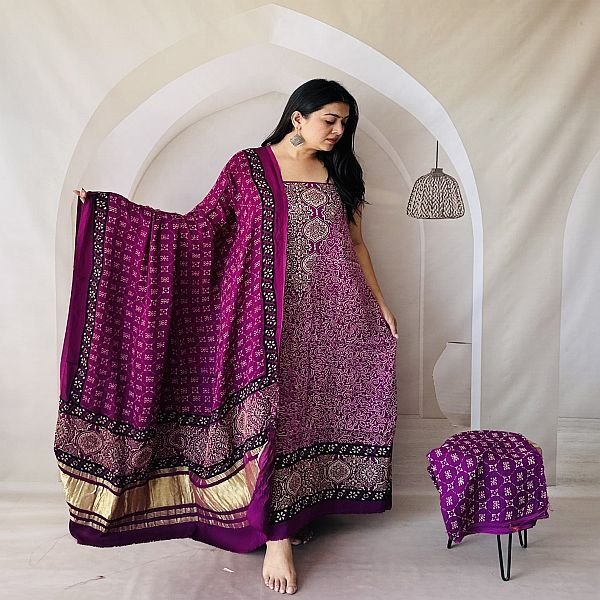 Unstitched Pink Modal Silk Ajrak Pink Dress Material