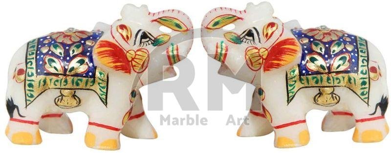 Multicolor Hand Crafted Marble Elephant Statue , Set OF 2