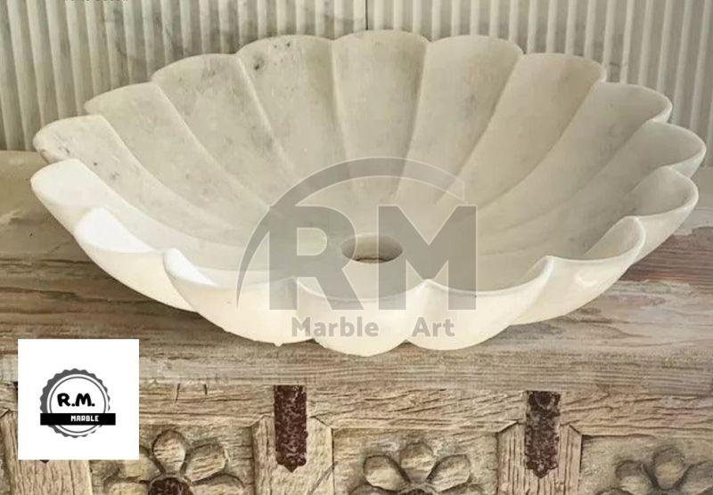 White Counter Top Scallop Marble Wash Basin