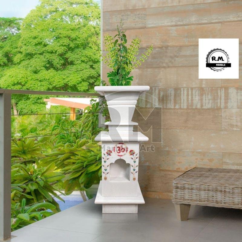 White Inlay Marble Tulsi Pot for Home