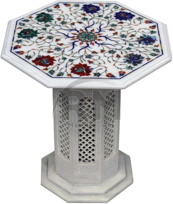 White Marble Octagonal Table Top with Inlay Work