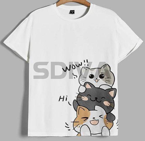 Ladies Cat Printed Cotton White T-Shirt