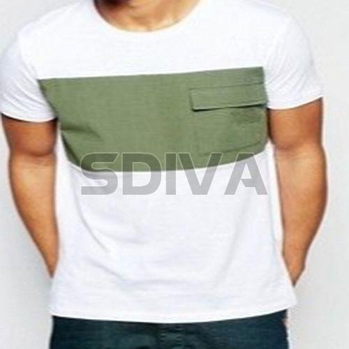 Mens Cotton Green and White Round Neck T-Shirt