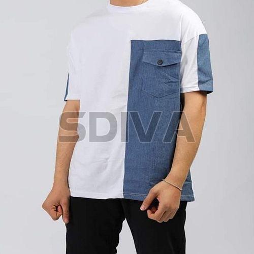 Mens White and Blue Round Neck T-Shirt