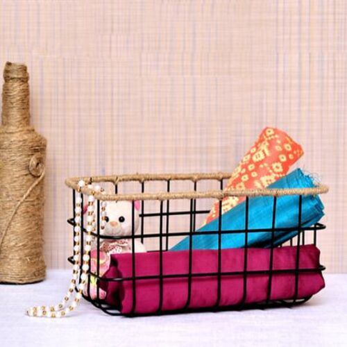 Rectangular Metal Basket with Jute Rope