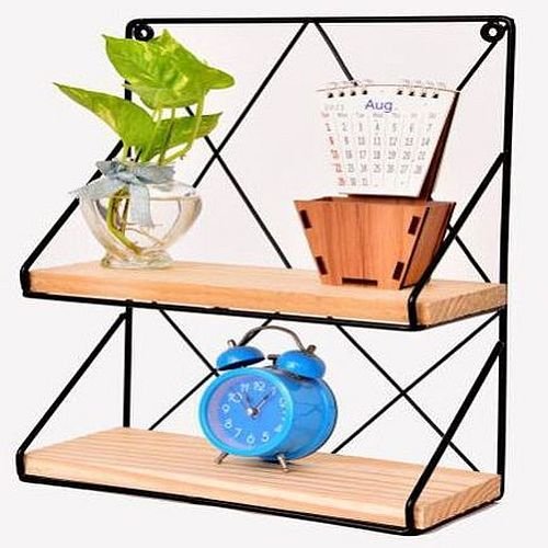 Two Tier Rectangle Decorative Metal Wall Shelf