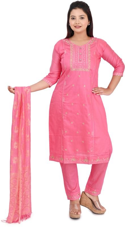 Women's Embroidered Straight Kurta Set with Dupatta