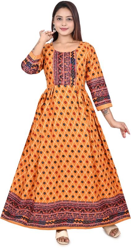Yellow Printed Cotton Women Maxi Dress