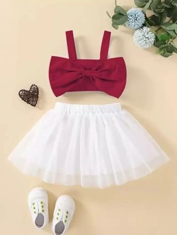 Baby Girls Maroon Cotton Blend Solid Top &AMP; Skirt Set