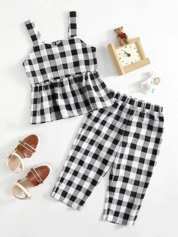 girls black cotton blend checkered tunic